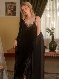 Elevate your nights with our Sensual Lace Sheer Temptation Nightgown Robe, a decadent ensemble designed for the modern woman seeking a perfect blend of sensuality and comfort. This luxurious nightwear set features a long French-style camisole nightgown and a complementary outer robe, both crafted with a silk-like satin type material. The velvet touch, lace-adorned cuffs, and delicate lace detailing on the chest create a truly irresistible piece for your sleepwear collection. Indulge in the allur Silk Robe Outfit, Velvet Outfit, Winter Gowns, Linen Nightgown, Lace Pajamas, Lace Nightwear, Nightgown Robe, Luxury Nightwear, Silky Pajamas