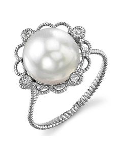 White South Sea Pearl Lea Ring Formal White Pearl Ring With Center Stone, Formal Brilliant Cut Pearl Ring, White Pearl Ring With Center Stone For Fine Jewelry, White Pearl Rings With Diamond Accents, Elegant Diamond White Brilliant Cut Pearl Ring, Elegant Akoya Pearl Rings In Diamond White, Classic White Pearl Ring In Platinum, White Akoya Pearl Rings With Diamond Accents, White Gold Akoya Pearl Anniversary Ring