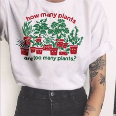 Tultex Boho Plant Lovers “How Many Plants Are Too Many Plants?" T-Shirt White With Green And Red Print. Size Medium New Without Tags Too Many Plants, Summer Plant, Plant Cactus, White Collared Shirt, Vegan Shirt, White Tee Shirts, Mothers Day T Shirts, Ladies T Shirt, Drop Ship