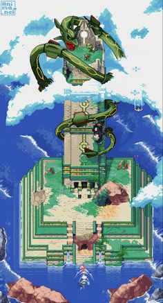 an image of a castle in the sky with clouds above it and below it is a green dragon