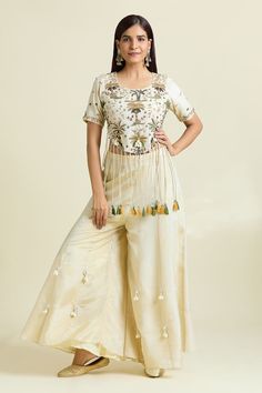 Ivory crop top with charm-shell embellished, dabka thread embroidered tree motifs and tassels. Paired with embellished palazzo. - Aza Fashions Crop Top With Palazzo, Top With Palazzo, Embroidered Tree, Diana Penty, Embroidered Crop Tops, Luxury Sale, Cocktail Reception, Shraddha Kapoor, Modern Bride