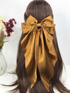 A beautiful lightweight satin bow on a silver barrette clip, embellished with a small cameo. Length: 37 cm / 14.6 Inches  Width: 20 cm / 7.9 Inches Bow Barrette, Brown Satin, Caramel Brown, Satin Bow, Barrette Clip, Ribbon Bow, Hair Barrettes, Victorian Style, Barrettes