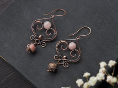 Pink Wire Wrapped Copper Jewelry, Rustic Wire Wrapped Earrings For Gift, Unique Hand Forged Rose Gold Earrings, Pink Copper Earrings For Gift, Rustic Hand Forged Earrings For Gift, Hand Forged Rustic Earrings For Gift, Handmade Pink Copper Earrings, Pink Copper Wire Jewelry For Gifts, Nickel-free Pink Copper Earrings