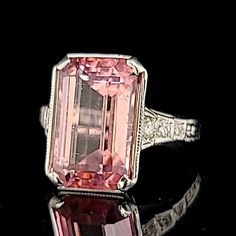 Vintage 14k white gold natural pink tourmaline rectangular shape center set natural pink tourmaline rectangular weight 6.28ct. size 13.5x8.5mm very nice pink color nice luster, very lively, and nice cut. clean brilliant, sparkly. side  set round cut diamonds total weight 0.08ct ring size 5 Resizable Appraisal available Retail value $4,500 net Classic Pink Platinum Jewelry, Gia Certified Emerald Cut Pink Jewelry, Gia Certified Pink Emerald Cut Jewelry, Pink Emerald Cut Gia Certified Jewelry, Formal 14k White Gold Pink Rings, Formal Pink 14k White Gold Rings, Elegant Rectangular Tourmaline Ring, Pink Morganite Emerald-cut Jewelry, Pink Morganite Emerald Cut Jewelry