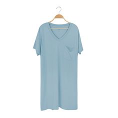 Adult T-Shirt Dress in Dusty Blue Casual Solid Color T-shirt Dress For Loungewear, Spring V-neck T-shirt Dress For Loungewear, Relaxed Fit V-neck T-shirt Dress For Summer, Blue Casual T-shirt Dress For Spring, Casual Blue T-shirt Dress For Spring, Summer V-neck Cotton T-shirt Dress, Spring Sleep T-shirt With Short Sleeves, Blue Short Sleeve Sleepwear For Summer, Light Blue Short Sleeve Sleepwear