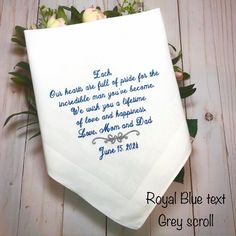 Wedding Gift for Son from Parents Mother and Father to Son handkerchief  "Our hearts are full of pride for the incredible man you've become.  We wish you a lifetime  of love and happiness." **FREE STANDARD SHIPPING ON ORDERS OF 2 OR MORE HANDKERCHIEFS Click on my SHOP NAME to see more, or visit my entire shop at: https://www.etsy.com/shop/MrandMrsEmbroidery All of my handkerchiefs are EMBROIDERED (no ink printing, stamping, or sublimation here!) For the personalization, please be sure to include Wedding Gift For Son, Wedding Gift For Groom, For Son From Mom, Wedding Hankerchief, Gift For Groom, Ladies Handkerchiefs, Handkerchief Men, Wedding Gifts For Groom, Crochet Lace Edging