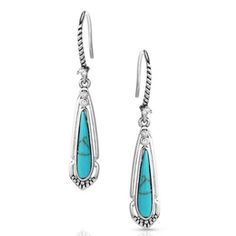 Introducing the Radiant Stream Turquoise Earrings featuring a stunning blend of southwest-inspired design and timeless elegance. The earrings have a long teardrop shape in a bright silver tone secured by a wire with a silver tone twisted rope detail on the front. The design is both intricate and eye-catching, with a beautiful turquoise stone at the center and a single clear cubic zirconia crystal adds a touch of sparkle and glamour. With their unique design and Southwest flair, these earrings ar Southwestern Nickel-free Teardrop Earrings, Southwestern Turquoise Teardrop Earrings, Southwestern Style Teardrop Dangle Earrings, Southwestern Silver Dangle Teardrop Earrings, Silver Southwestern Style Teardrop Dangle Earrings, Tractor Supply, Accessories Jewelry Earrings, Women Accessories Jewelry, Turquoise Earrings