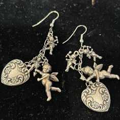 Lightweight And Very Detailed, These Pretty Little Cherubs Swing And Dangle On A Fishhook Style Earring. There Is Also A Heart Charm. 2.5” Antiqued Silver Pated Vintage A Antique Silver Earrings, Safety Pin Earrings, Vintage Floral Design, Mexican Jewelry, Bird Earrings, Stud Jewelry, Heart Gemstone, Rhinestone Studs, Design Silver