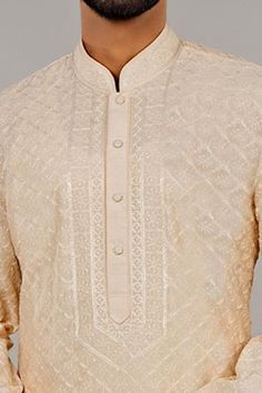 Shop for Vanshik Beige Silk Kurta Set for Men Online at Aza Fashions Elegant Kurta With Embroidered Border For Festivals, Salwar Kameez With Resham Embroidery For Diwali, Elegant Kurta For Traditional Ceremonies With Embroidered Border, White Churidar With Embroidered Border For Transitional Season, White Embroidered Churidar For Transitional Season, Fitted Off White Kurta For Transitional Season, Transitional White Churidar With Embroidered Border, Designer Wear Fitted Kurta With Embroidered Border, Designer Fitted Kurta With Embroidered Border