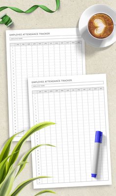 two printable attendance trackers with a cup of coffee next to them