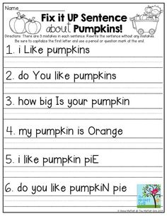 worksheet for beginning with pumpkins and the words fix it up sentence about pumpkins