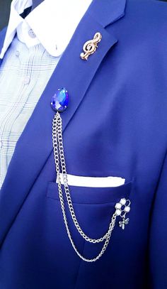 Blue Crystal Lapel Pin Lapel Chain, Sunflower Accessories, Classy Edgy, Chain Shirt, Formal Clothing, Flower Lapel Pin, Collar Chain, Retro Accessories, Silver Chains