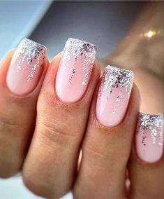 Square Nail, French Manicure Nails, Sparkle Nails, Pink And Silver, Dipped Nails, Elegant Nails, Classy Nails