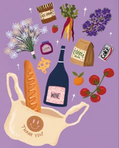 a painting of food and wine on a purple background, with the words thank you