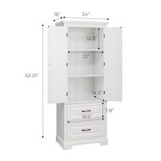 a white cabinet with drawers and measurements