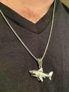 "Amazing Custom Made One of a Kind Sterling Silver Shark pendants! Solid 925 sterling silver We have 2 styles! Rhodium finished & 14k yellow gold finished! Gold is vermeil bonded to solid silver underneath so color wont fade or tarnish Both are oxidized (blackened to give a more vintage look) Pendant measures roughly 1.5\" by 1\"...weighs roughly 6 grams! 100% 925 silver...not plated or filled...will NEVER TARNISH OR CHANGE COLOR Stamped 925 You can buy pendant only or with choice of 18-30\" Sterling Silver Cuban Link Jewelry For Gift, Silver Tarnish-resistant Chain Necklace For Gift, Silver Engraved Cuban Link Necklace, Engraved Sterling Silver Cuban Link Jewelry, Gift Cuban Link Sterling Silver Necklace, Silver Pendant Jewelry With Curb Chain, Silver Curb Chain Necklace As Gift, Sterling Silver Curb Chain Jewelry Gift, Sterling Silver Curb Chain Necklace As Gift