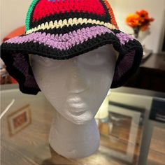 Multi Colored Handmafe Crochet Hat. Stretchable To Fit Head, Nwot Multicolor Retro Vacation Hat, Multicolor Crochet Cap Hat, Colorful Crochet Casual Hats, Multicolor Crochet Cap One Size, Casual Crochet Hat One Size, Multicolor Winter Bucket Hat, Colorful Adjustable Crochet Hat, Colorful Adjustable Casual Crochet Hat, Red Crochet Hat For Beach