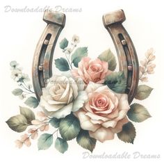 a watercolor painting of flowers and a horseshoe