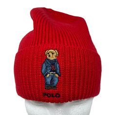 Polo Ralph Lauren Casual Polo Bear Knit Beanie Hat Size: One Size Color: Red New With Tags An Embroidered Casual Polo Bear Adds A Playful Touch To This Cozy Knit Hat. * Seamed Crown * 3" Fold-Over Cuff * Length When Folded: 9". Width At Crown: 8" * Materials: 50% Acrylic, 30% Nylon, 20% Wool Red Knitted Beanie For Winter, Red Knitted Winter Beanie, Casual Red Beanie One Size, Red Knit Casual Beanie, Red Casual Winter Hat, Casual Red Winter Hat, Red Wool Winter Hat, Casual Red Winter Beanie, Fitted Red Casual Hat