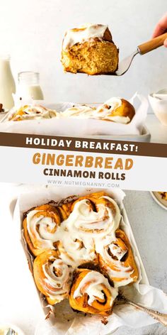 cinnamon rolls with icing being dunked into the pan for christmas morning breakfast recipe