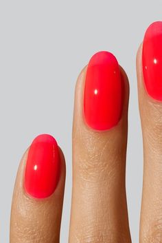 Slurp up this juicy, jelly colour that is oh so right. Inspired by the mouthwatering treat you know and love. A translucent bright orange-pink. Cherry Jello Nails, Cherry Red Jelly Nails, Pink Red Nail Color, Cherry Pink Nails, Coral Red Nails, Jelly Manicure, Red Pink Nails, Nail Color Summer, Unique Nail Ideas