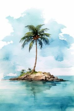 a watercolor painting of a palm tree on an island in the middle of the ocean