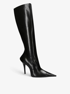 Balenciaga leather heeled boots100% leatherZip fasteningClosed toe, pointed toe, pointed counter, stiletto heel, silver-tone hardwareHeel height 4"Specialist leather cleanUpper: 100% leatherLining: 100% leatherSole: 100% leather Balenciaga Boots, Witch Boots, Pointed Boots, Balenciaga Leather, Bridal Shoes Flats, Leather Heeled Boots, Slippers For Girls, Evening Shoes, Flat Boots