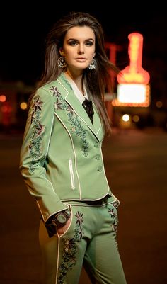 Women's Bespoke 2Pc Palm Green Cotton Embroidered Pant Suit Wedding Party Outfit | eBay Americana Photoshoot, Pant Suit Wedding, Mexican Aesthetic, Americana Aesthetic, Cowgirl Couture, Midnight Cowboy, Palm Green, Modus Operandi, Western Suits