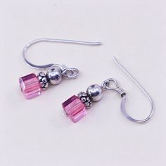 Vintage Sterling 925 silver handmade earrings, with pink crystal cube, stamped 925 Painting Colour, Wire Projects, Lampwork Bead Jewelry, Handmade Wire Jewelry, Diy Crafts Jewelry, Brooches Handmade, Handmade Wire, Bead Jewelry, Stunning Earrings