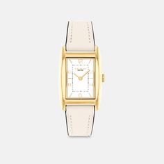 A distinctive stately design the minimalist Reese watch is an elevated choice for everyday. Finished with a leather strap the gold tone design features a satin dial detailed with a mix of numerical and stick markers. | Coach Reese Watch, 24 Mm X 35 Mm - Women's - Chalk Classic Rectangular Dial Quartz Watch, Classic Quartz Watches With Rectangular Dial, Timeless Everyday Watch With Rectangular Dial, Classic Watches With Rectangular Dial For Work, Everyday Watch Accessory With Leather Strap And Rectangular Dial, Timeless Watches With Diamond Hour Markers For Work, Modern Everyday Watch With Rectangular Dial, Everyday Watches With Leather Strap And Rectangular Dial, Everyday Watch With Leather Strap And Rectangular Dial