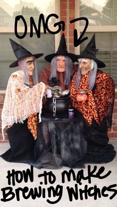 two people dressed up as witches sitting in front of a brick building with the words omg d how to make brewing witches