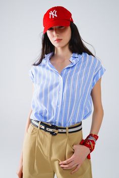 Subcategory: Shirts. Collar: Polo collar. Sleeves: Short Sleeves. Print: Stripe design. Fit: Standard fit. Style: Daily. Detail: Button detail. Fabric: Cotton. Zipper: Button placket. runs true to size. S. 100% Cotton Stylish Blouse, Skirt Jumpsuit, Scarf Headband, Vertical Stripes, Romper Pants, Polo Collar, Casual Elegance, Blue Blouse, Sweater Coats