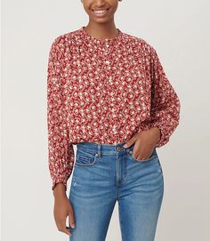 Floral Ruffle Trim Blouse | LOFT Flowy Blouse With Smocked Cuffs For Spring, Feminine Rayon Blouse For Fall, Trendy Long Sleeve Rayon Blouse, Casual Flowy Peasant Top With Blouson Sleeves, Casual Flowy Blouse With Smocked Cuffs, Spring Rayon Blouse With Blouson Sleeves, Casual Billowy Blouse With Floral Print, Casual Ruffled Viscose Blouse, Trendy Rayon Blouse For Fall