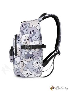 BirdinBag - Classic Adjustable Backpack with Cartoon Cat Pattern - Ideal for Preppy Style Casual Backpack With Cat Design For Students, Casual Cat Design Backpack For Daily Use, Casual School Backpack With Cat Design, Rectangular Backpack With Cat Design For Back To School, Rectangular Cat Design Backpack For Back To School, Student Backpack With Cat Design, Casual Backpack With Cat Design, Back To School Rectangular Backpack With Cat Design, Travel Backpack With Cat Design