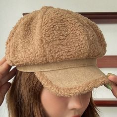 Fuzzy Baker Boy Hat * Light Brown/ Tan * Polyester * One-Size 22.8 Inch Crown Beige Visor Hat For Winter, Casual Brown Brimmed Beret, Beige Winter Visor Hat, Winter Beige Visor Hat, Trendy Brown Winter Beret, Trendy Beige Beanie Hat, Beige Visor Hat For Fall, Trendy Cream Hat One Size, Trendy Brown Hat One Size