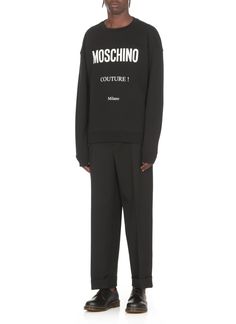 - Black Moschino cotton sweatshirt for man - Crew neck - Long sleeves - Front contrasting color printed logo - Elastic ribbed trimsComposition: 100% Cotton Designer Logo Print Sweatshirt For Winter, Designer Crew Neck Sweater For Streetwear, Designer Crew Neck Sweatshirt With Logo, Designer Crew Neck Sweatshirt With Logo Detail, Designer Long Sleeve Sweatshirt With Logo, Designer Cotton Sweatshirt For Winter, Designer Letter Print Sweatshirt For Streetwear, Designer Logo Print Sweatshirt For Fall, Designer Cotton Sweatshirt With Logo Detail