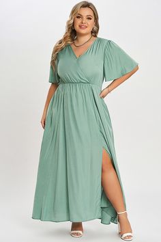 Plus Size Sage Green Dress, Spring Midi Dress With Flutter Sleeves In Solid Color, Flattering A-line Spring Maxi Dress, Solid Color Flowy Midi Dress With Flutter Sleeves, Spring Maxi Dress With Flutter Sleeves, Flowy Midi Dress With Short Sleeves In Solid Color, Flattering Solid Color V-neck Dress, Chic Flowy Maxi Dress With Butterfly Sleeves, Chic Maxi Dress With Butterfly Sleeves For Summer