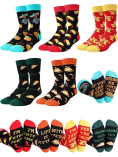 PRICES MAY VARY. Package Includes: our package come with 5 pairs novelty taco socks for men, assorted styles add colors can easily match with your various needs Taco Gift: these cute taco pattern print socks make for ideal gifts for Taco lovers; Whether it's a Taco Tuesday, National Taco Day, Father's Day, Cinco de Mayo, or fiesta, these taco socks serve as a meaningful and practical gift that a man would appreciate Reliable Material: our taco socks are made from a blend of cotton and polyester, Taco Day, Taco Gifts, Taco Lover, Socks For Men, Taco Tuesday, Day Party, Practical Gifts, Crew Socks, Ideal Gift