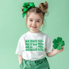 "Available in sizes youth and adult sizes! Choose one: \"Birthday Girl\" OR \"Birthday Boy\" - St Patty's Day theme These are unisex, short sleeve. Youth sizes run small, please size up at least one size.  SIZING NOTE:  These shirts are UNISEX and tend to run a tad small. Want a PROMO CODE?  Make sure to sign up for emails! Please visit here to subscribe: https://mailchi.mp/157ecc4dad66/aboutasprout *A note about our process: Shirts and infant bodysuits are not screen printed. No ink is used. I am happy to offer a more vibrant, longer lasting option with vinyl. I only use top-quality vinyl with a commercial-grade heat press machine. This allows even pressure and heat distribution, ensuring long-lasting designs that will not peel.  These are NOT cheap iron-ons or DIY-quality products. Thank Green Graphic Print T-shirt For First Birthday, Fun Green T-shirt For Birthday, Green Fun Birthday T-shirt, Green Graphic Print T-shirt For Birthday, Green T-shirt With Letter Print For First Birthday, Green Letter Print T-shirt For Birthday, Green Short Sleeve Birthday T-shirt, Playful Green T-shirt For Birthday, Green Letter Print Top For Birthday