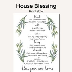 the house blessing printable is shown in black and white with green leaves on it