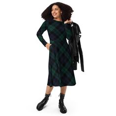 Tartan dress, Meet your new favorite dress! Its soft fabric and flattering cut will ensure you feel comfortable and feminine all day long. Plus, the fitted waist and flared bottom part of the dress will accentuate the wearer's naturally beautiful silhouette. The best part about the dress? It. Has. Pockets.   * Fabric composition in the EU: 96% polyester, 4% spandex  * Fabric composition in the US: 93% polyester, 7% spandex  * Fabric weight: 6.19 oz/yd2 (210 g/m2) (weight may vary by 5%)  * Premi Fit And Flare Dress For Workwear In Fall, Green Long Sleeve Midi Dress For Fall, Casual Plaid Midi Dress For Work, Plaid Midi Dress For Fall Workwear, Plaid Long Sleeve Midi Dress For Work, Knee-length Plaid Workwear Dresses, Fitted Plaid Winter Dress, Plaid Knee-length Dress For Work, Knee-length Plaid Dress For Work