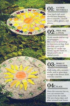 two stepping stones with sunflowers painted on them, and the instructions for how to make