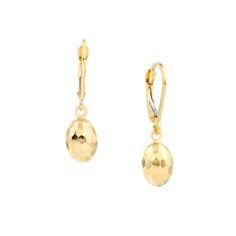 14K Yellow Gold Mirror D/C Egg Shaped Dangle Lever-Back Earrings - Women. A classic piece of jewelry that will never go out of style, these D/C (Diamond Cut) lever-back earrings are perfect for special occasions or for everyday wear. Versatile, they can be worn with a wide variety of outfits and add a touch of elegance and glamour to any look. Their unique appearance will diversify your jewelry collection and set you apart from the crowd. A lever backing gives this earring a secure fit. Size: on Of Outfits, Earrings Women, Egg Shape, Yellow Gold Earring, Gold Mirror, Diamond Cut, Out Of Style, Go Out, Womens Watches