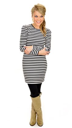 Classic stripes on a fitted silhouette...LOVE! $39 at shopbluedoor.com Chic Fitted Dress With Contrast Stripes, Fitted Striped Mini Dress For Fall, Chic Fitted Dresses With Striped Hem, Fitted Striped Dress For Fall, Striped Fitted Dress For Fall, Ribbed Striped Fitted Dress, Striped Ribbed Fitted Dress, Fitted Long Sleeve Dresses With Vertical Stripes, Chic Striped Stretch Mini Dress