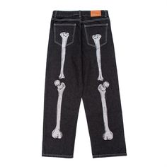 DESCRIPTION This classic skeleton design and vintage-washed feel of these pants make them a true wardrobe staple that you can wear with everything in your closet. Classic shape with a skeleton print front and back. These are perfect for any casual occasion. Washing instructions: machine wash cold. set washer to gentle cycle. air dry only. do not bleach FEATURES Easy wearing denim pants perfect for everyday wear Made from a super soft blend of cotton and polyester Soft-touch water-based screen pr Bone Embroidery, Harajuku Punk, Jeans Patchwork, Hip Hop Jeans, Y2k Pants, Jean Vintage, Pants Fabric, Custom Denim, Skull Hand