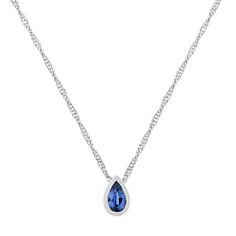 A single round pear-shaped traditional sapphire  approximately .21 carat total weight  is the center of attention in this stunning teardrop design. This contemporary and artistic pendant measures 1/8-inch-long and is crafted from quality 14 karat white gold. This beautiful pendant hangs from a matching 20-inch adjustable Singapore chain. White Gold Sapphire Pear-shaped Necklace, Pear-shaped Sapphire Necklace In White Gold, Formal Blue Teardrop Drop Necklace, Blue Teardrop Drop Necklace For Formal Occasions, White Gold Sapphire Teardrop Pendant Necklace, White Gold Sapphire Teardrop Necklace, Teardrop Sapphire Necklace In Fine Jewelry Style, Fine Jewelry Sapphire Teardrop Necklace, Elegant Sapphire Teardrop Necklace