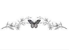 a black and white drawing of a butterfly on a branch with flowers in the background