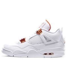 If you're looking for something simplistic yet timeless, look no further as the Nike Air Jordan 4 Retro Metallic Pack has got you covered. Dressed in all white, the upper is constructed with leather and grid mesh. Underneath is a white rubber sole. Touches of Total Orange grace the eyelets, heel, tongue and sole. Jordan 4 Retro Metallic, Air Jordan Retro 4, Jordan Iv, Metallic Orange, Kobe Shoes, Jordan Retro 4, Nike Air Jordan 4, Jordan Model, Jordan 4s