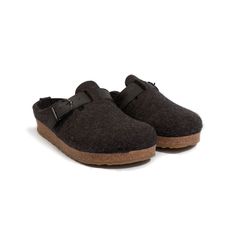 100% boiled wool upper with detail stitching; Removable contoured footbed; Arch support; Durable indoor/ outdoor crepe sole Wool Clogs, Boiled Wool, Buckle Shoes, Comfy Shoes, Walking In Nature, Outdoor Wear, Arch Support, Shoe Brands, Wool Felt