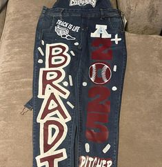 Please add your school name colors size and any hobbies. Junior Pants Ideas, Homecoming Painted Jeans Ideas Diy, White Senior Overalls Ideas, Decorated Jeans School Spirit, Painted Spirit Jeans, Painted Overalls School Spirit, School Spirit Overalls Ideas, Homecoming Jeans Decorated, Homecoming Pants Ideas